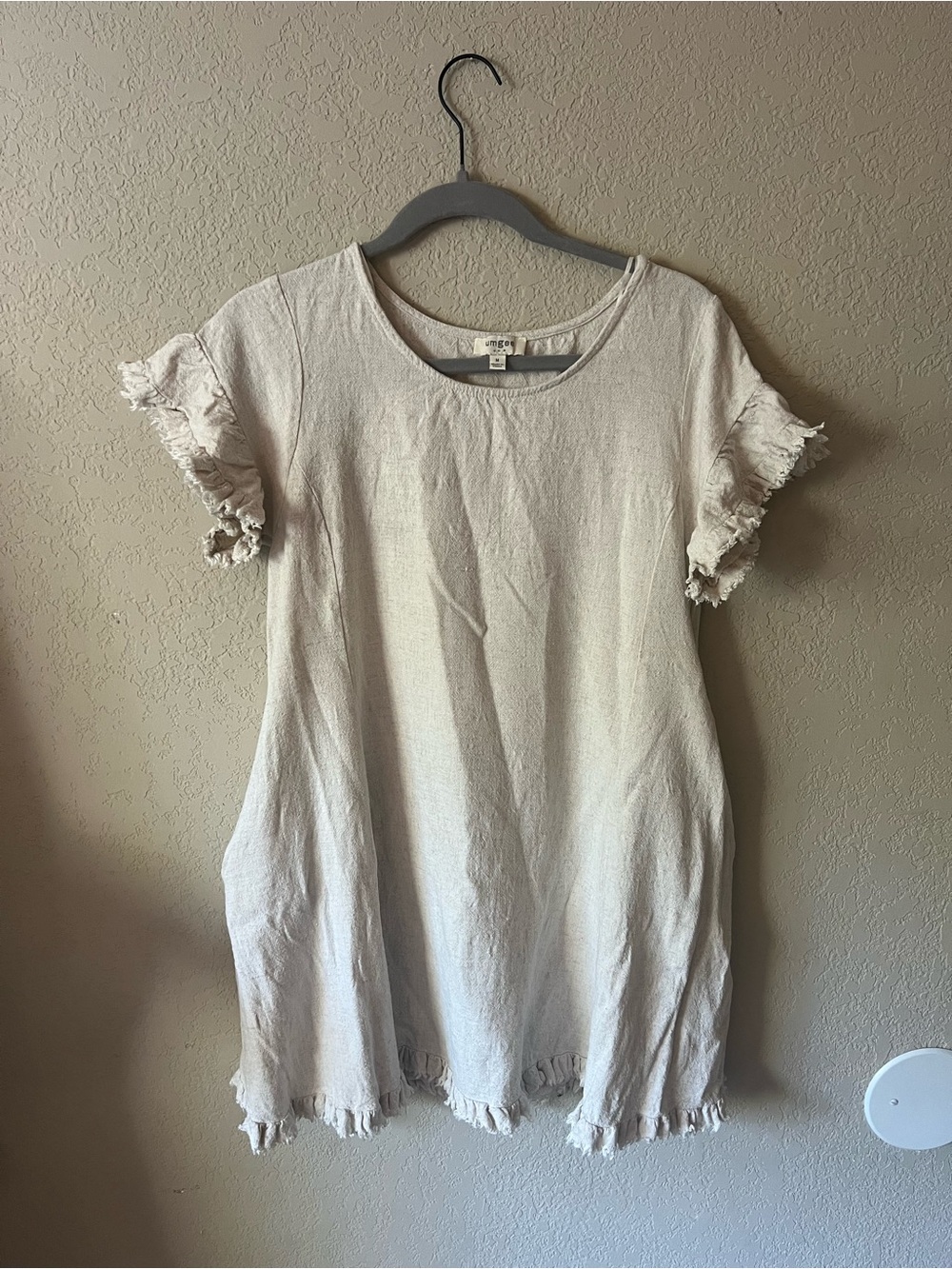 Umgee Oatmeal Linen Dress with Fringe Edges and Pockets